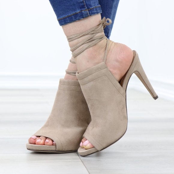Tan Faux Suede Open Toe Ankle Laces High Heeled Sandals - Picture 5 of 12